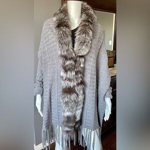 Dolce Cabo Real Silver Fox Fur Trimmed Shawl